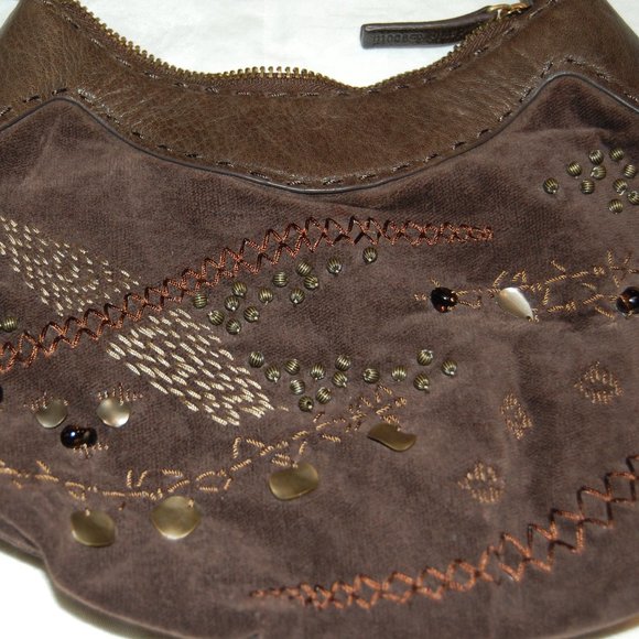 David & Scotti Brown Leather & Soft Material Small Purse W/ Embroidery& Beads - Picture 2 of 16